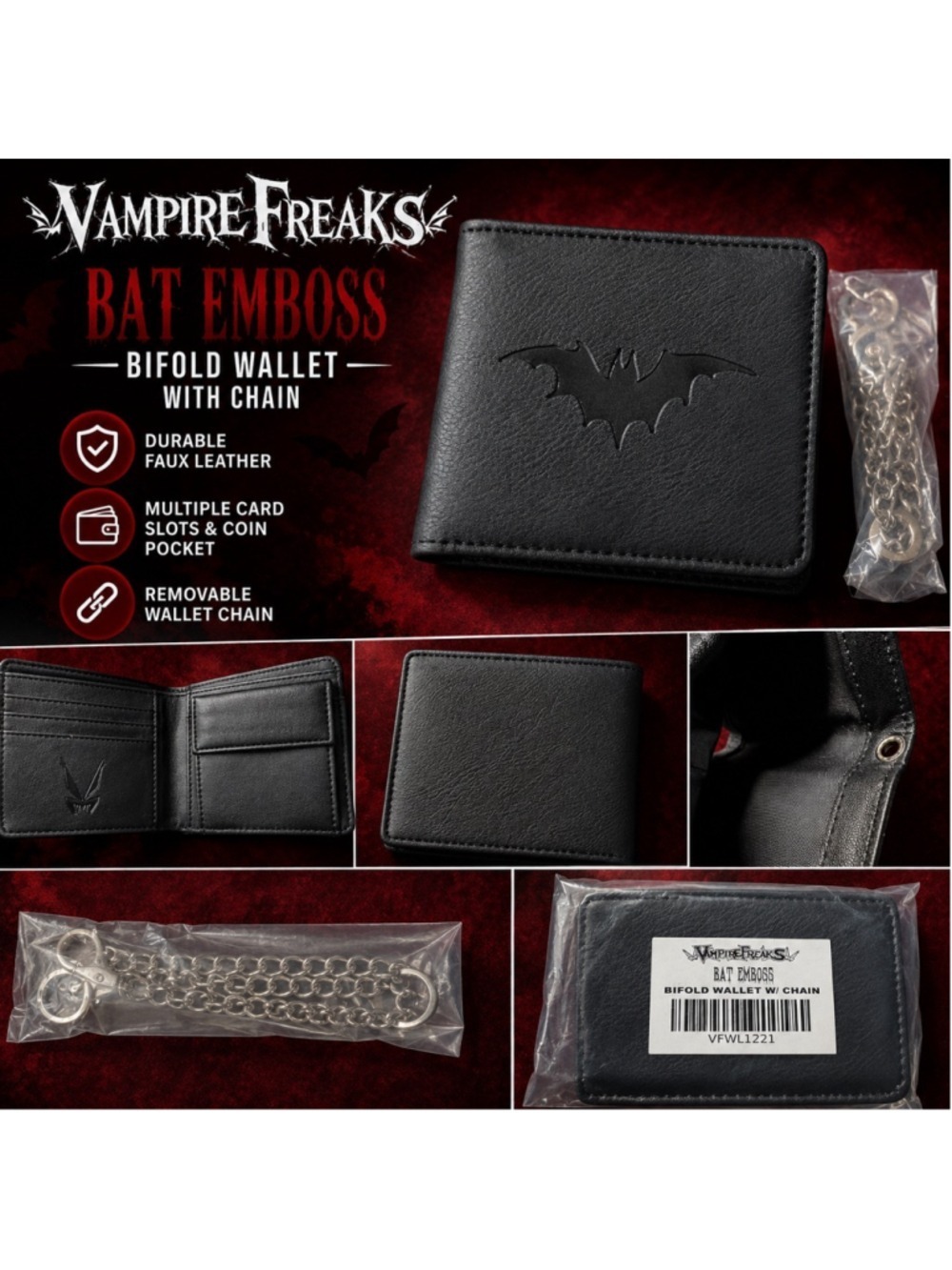 VampireFreaks Bat Emboss Bifold Wallet w/ Chain Goth Emo Punk Black